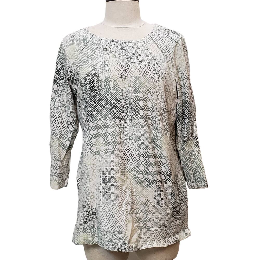 Alfred Dunner Shirt Womens Small Top 3/4 Sleeve Green Geometric Shapes Casual